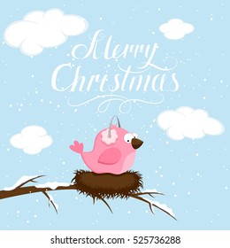 Winter background with pink bird and lettering Merry Christmas, illustration.
