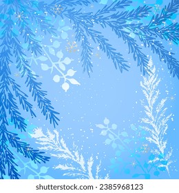 Winter background with a place for the text. Branches of Christmas trees, winter berries, plants, snowflakes. Template for Christmas and New Year's congratulations, festive cover, postcard, poster.