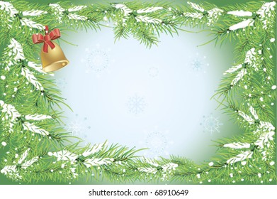 winter background with place for your text decorated by snowy fir tree branches, snowflakes and bell with red bow