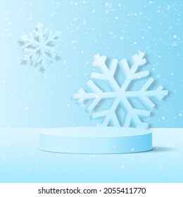 Winter Background With A Platform For Your Product Presentation. Vector 3D Illustration.