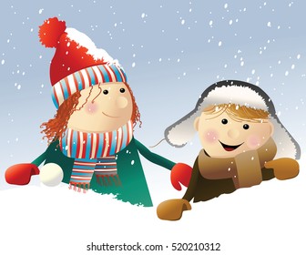 Winter background with playing kids