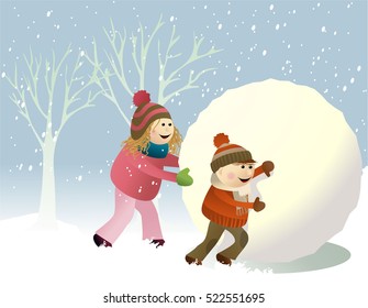 Winter background with playing kids
