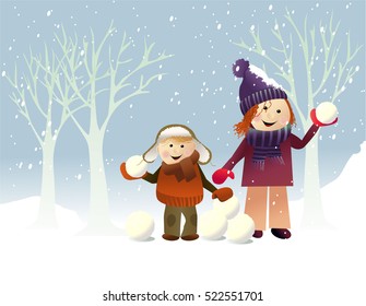 Winter background with playing kids