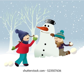 Winter background with playing kids