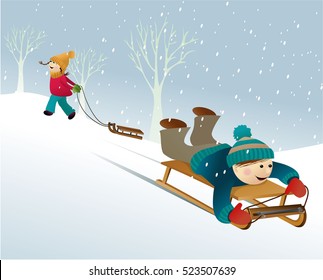Winter background with playing kids