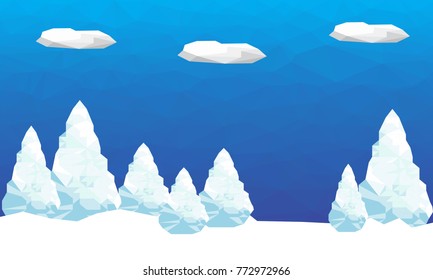Winter background with polygonal firs trees and clouds. Landscape season. Vector illustration. 