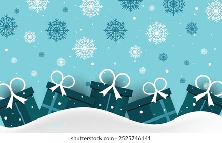 Winter background with presents. Festive boxes of Christmas present with ribbon bow. Christmas and Holiday Gifts Snow