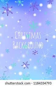 Winter Background with Pretty Snowflakes and Shiny Lights. Festive Background for Christmas Decoration, Cloth, Dress. Vertical A4 Vector Background.