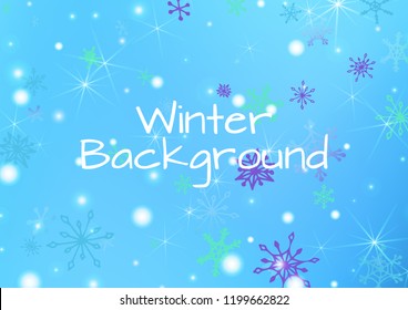 Winter Background with Pretty Snowflakes and Shiny Lights. Festive Background for Christmas Decoration, Wrapping, Paper. Vertical A4 Vector Background.