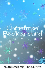 Winter Background with Pretty Snowflakes and Shiny Lights. Festive Background for Christmas Decoration, Print, Poster. Vertical A4 Vector Background.