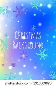 Winter Background with Pretty Snowflakes and Shiny Lights. Festive Background for Christmas Decoration, Wrapping, Paper. Vertical A4 Vector Background.