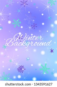 Winter Background with Pretty Snowflakes and Shiny Lights. Festive Background for Christmas Decoration, Print, Dress. Vertical A4 Vector Background.