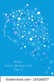 Winter background with pretty woman face and snowflakes