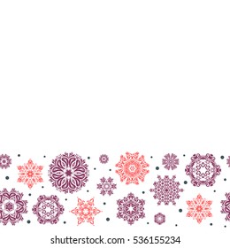 Winter background with purple, blue and pink snowflakes. Vector seamless background.