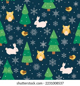 Winter background with rabbits, fir trees and birds. Christmas background with animals and trees.