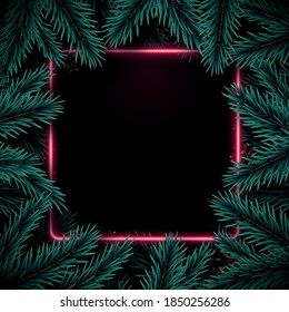 Winter background with realistic fir tree frame and space for text. Merry Christmas concept design. Festive vector template.