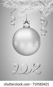 Winter background, realistic greeting card for Christmas, New Year decoration  Xmas ball, fir tree toy. Vector illustration on gray background. Seasonal design. 