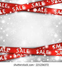 Winter background with red sale ribbons. Christmas vector illustration. 