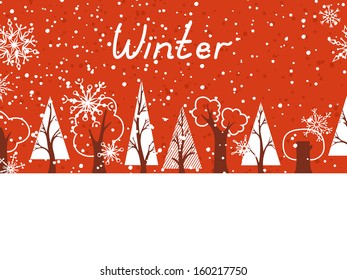 Winter background in red and white colors. Winter trees and firs. There are places for your text in the sky and on the Earth.