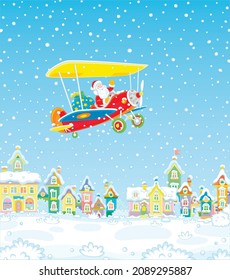 Winter background with Santa Claus flying on a colorful plane over a pretty small town through snowfall and carrying a large magical bag of winter holiday gifts for little children, vector cartoon