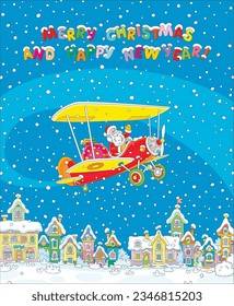 Winter background with Santa Claus flying in a colorful plane over a pretty small town through snowfall and carrying a large magical bag of winter holiday gifts for little children, vector cartoon