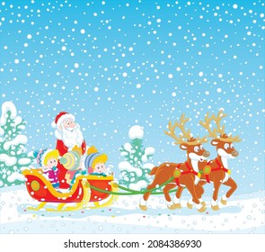 Winter background with Santa Claus riding happy little kids in his magic sleigh with merry reindeers on a snowy Christmas day, vector cartoon illustration