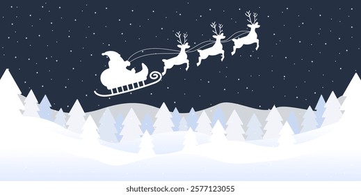 Winter background with Santa Claus riding on his sleigh pulled by reindeers