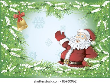 winter background with Santa pointing at the place for your text