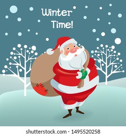 Winter background with Santa, snowflakes and snow trees. Hand drawn poster design with Santa. Happy New Year, festal greeting card. Winter time.