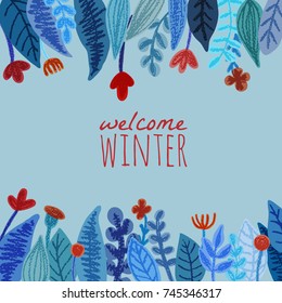 a winter background; in scandinavian style; hand drawn floral elements, twigs and leaves; in scandinavian style; blue and read; frosty illustration; vector cartoon style
