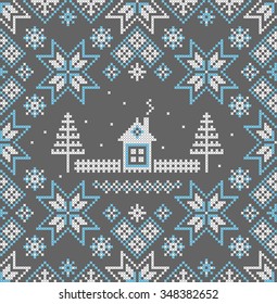 Winter background. Scandinavian style. Scheme of knitting and embroidery. Norwegian seamless pattern. Vector. 