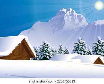 Winter Background Scene with Cabins, Trees and Mountains Covered in Snow. Vector Illustration