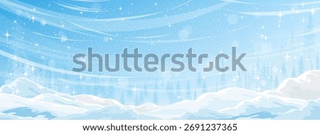 Winter Background Scene Frozen Christmas.Vector Blue Sky Landscape with Snow in Wonderland. Nature Banner Design with Abstract Pattern of Snowflakes Sparkling Bokeh for Minimalistic holiday Background