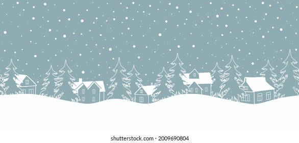 Winter background. Seamless border. Christmas landscape. White silhouettes of houses and fir trees on a gray-blue background. Vector illustration