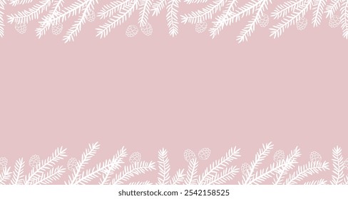 Winter Background. Seamless Border with Fir Branches. Frame. Fir Tree Branches with Cones. Vector Illustration on Pink Background