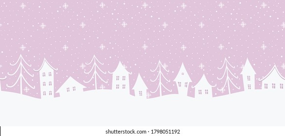 Winter background. Seamless border. There are white houses and fir trees on a pink background. Winter village. Vector illustration