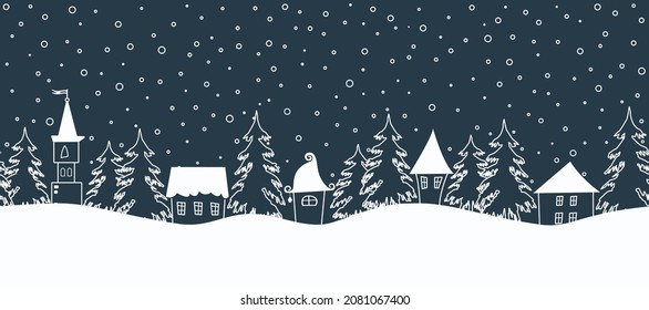 Winter background. Seamless border. There are white houses and fir trees on a dark blue background. Winter village. Vector illustration