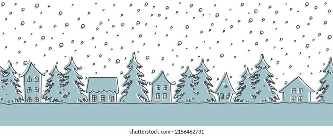 Fondo de invierno. Frontera perfecta. Hay casas de color azul gris y abetos con fondo blanco. Ilustración del vector