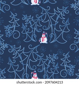 Winter background. Seamless pattern with funny characters and decorative fir trees. Design for textiles