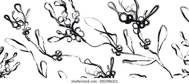 winter background of seasonal leaves, branches (mistletoe). a hand-drawn illustration in the style of a one line. modern wallpaper for print, banner, postcard, holiday idea. vector art illustration 