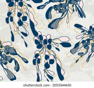winter background of seasonal leaves, branches (mistletoe). a hand-drawn illustration in the style of a one line. modern wallpaper for print, banner, postcard, holiday idea. vector illustration 