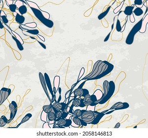 winter background of seasonal leaves, branches (mistletoe). a hand-drawn illustration in the style of a one line. modern wallpaper for print, banner, postcard, holiday idea. vector illustration 