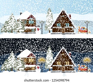 Winter background set, night and day. Vector.