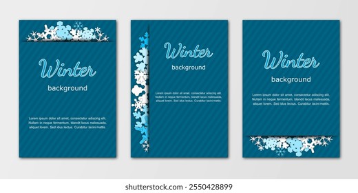 winter background, set of templates design for banner, flyer, card on textured backdrop with snowflakes. collection modern vector illustration for invitation, poster, greeting en white and blue tones.