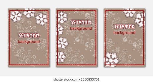winter background, set of templates design for banner, flyer, card on the textured backdrop with snowflakes. cute vector illustration with imitation embroidery for greeting, invitation, poster, frame