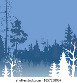 Winter background with a silhouette of a forest with coniferous and deciduous trees in blue and white with a perspective. Christmas vector with silhouettes of snowy plants
