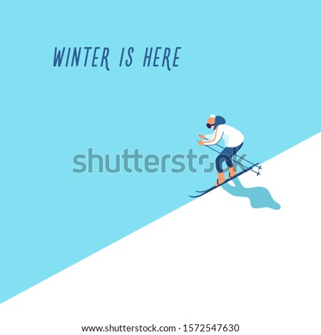 Winter background with skier on mountain with text winter is here. Mountain sport activities. Vector illustration.