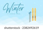Winter Background with skis and poles background, Skiing in the mountains. Vector illustration in trendy flat style with pair of skis on the snowy landscape background.