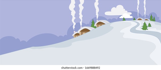 winter background with small houses, blue sky and white snow, smoke comes from the chimneys of houses, the stove is heated there, and its cold outside, vector illustration,