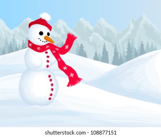 Winter background with smiling snowman